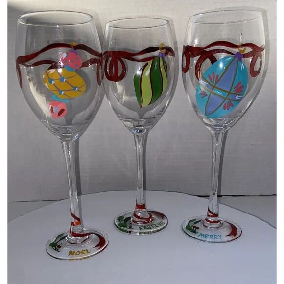 Lot Of 6 Hand-painted Christmas Stemware Wine Glasses Decorated With Ornaments - Picture 7 of 14